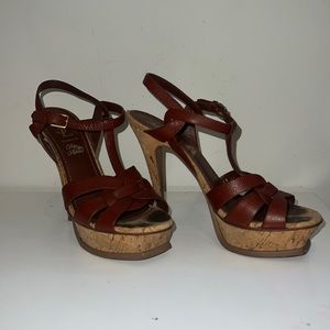 YSL Tribute Platform Sandals 38.5 Brown Leather w Cork Metallic detail bottom